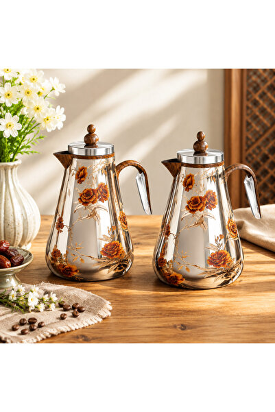 laverahome طقم ترامس قهوة وشاي فضي بتفاصيل خشبية (2) |