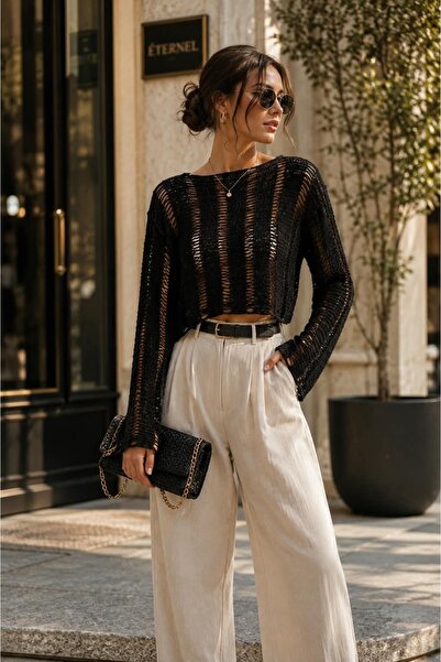 Kadın Siyah El Örgüsü Kayık Yaka Uzun Kollu Crop Bluz – Koton Örgü Butik Tasarım
