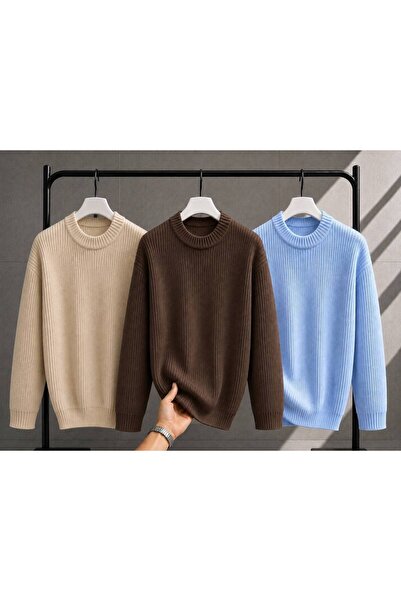 DepoExport Women's 3-Piece Crew Neck Oversize Knitwear Sweater Soft Knitted S...