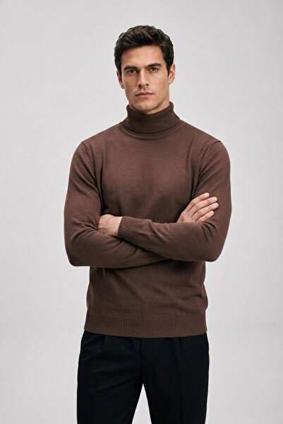 Maccali Men's Premium Winter Dark Brown Full-Collar Knit Sweater