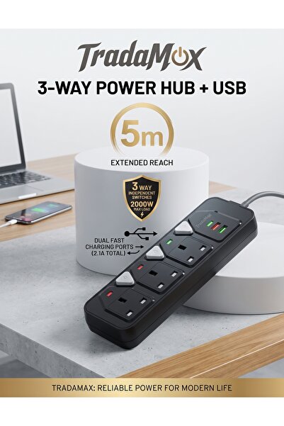 Primo Plus شريط طاقة بثلاثة منافذ مع منافذ USB وسلك بطول 5 أمتار. 2000 واط