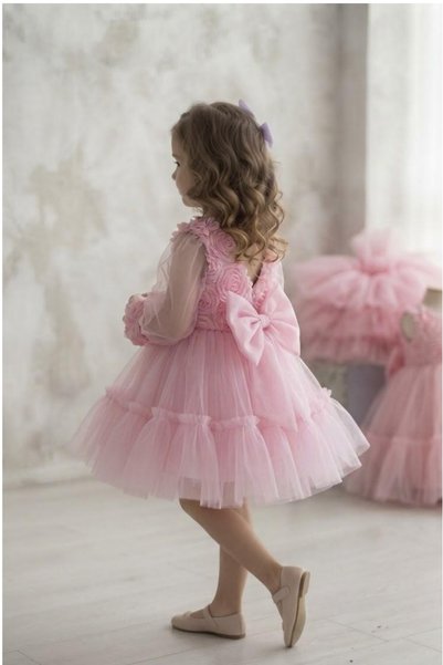 penu baby kids 3D Rose Pattern Long Tulle Sleeves Girls Dress with Ruffles at Hem