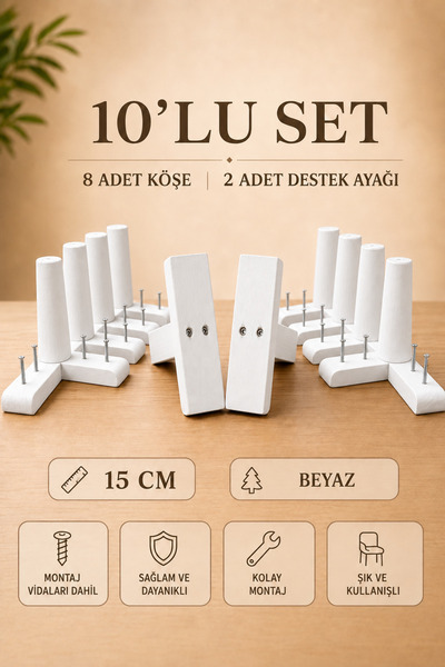 LEGORA WOOD DESİNG 15 cm Ahşap Konik Mobilya Ayağı Beyaz 10'lu Set Köşe ve De...