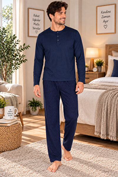 SERPİL Men's Pajama Set Long Sleeve Navy Blue Patterned Top and Bottom Set