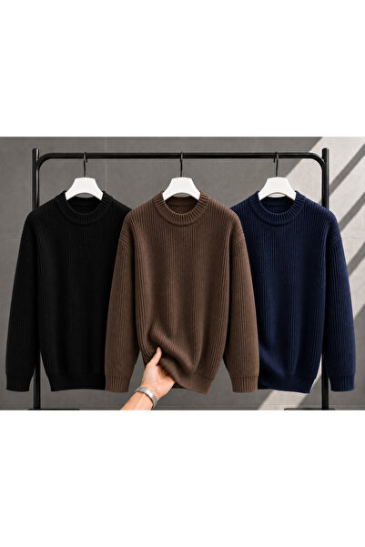 oneoff Men's 3-Piece Crew Neck Oversize Knitwear Sweater Soft Knitted Sweater