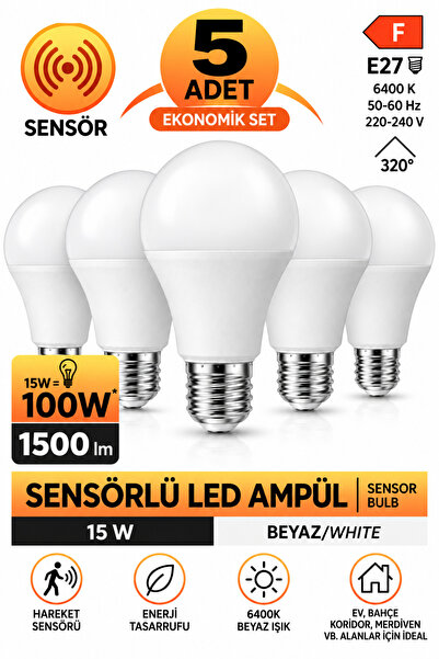 ga gözde aydınlatma 5 Adet Sensörlü LED Ampul 15W | 100W Eşdeğer Güç | 1500 L...
