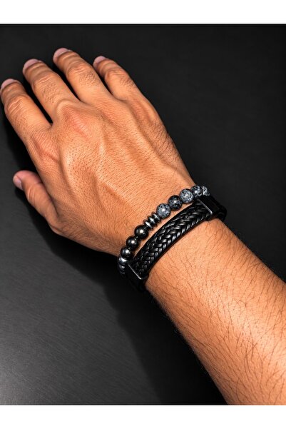 Bujiteri Men's Beaded Leather Bracelet Set Natural Stone Look Stylish Modern ...