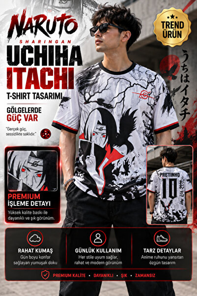 FG KONNİCHİWA Naruto Itachi Uchiha Sharingan Baskılı Unisex T-Shirt – Anime T...