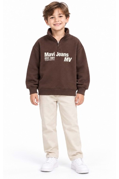 Mavi M6S10142 Jeans Baskılı Yarı Fermuarlı Çocuk Sweatshirt KAHVERENGİ