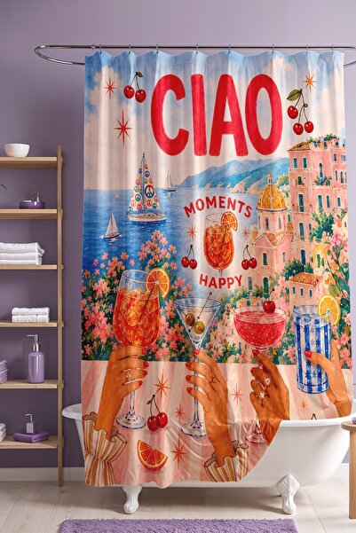 EVPANYA Coastal Town Cocktail Patterned Bathroom Curtain, Shower Curtain, Bat...