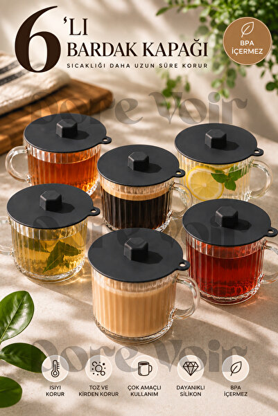 Dore Voir 6 Adet Bardak Üstü Silikon Kapak -Gri Renk (Kullanımı etkilemeyen ç...