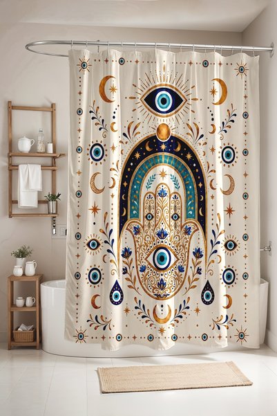 EVPANYA Bohemian Hand and Evil Eye Patterned Bathroom Curtain, Shower Curtain...
