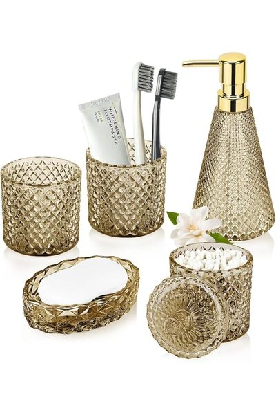 Topsky Gold Bathroom Accessory Set, Glass Bathroom Decor Countertop Organizer...