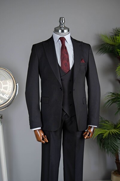 terzi ayhan 3 button flat vest suit with dobby black