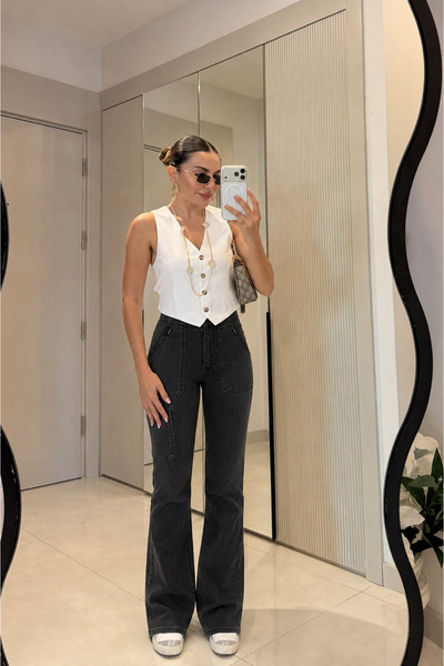 Gizem Ecemiş Corey Füme Cep Detaylı İspanyol Paça Jean