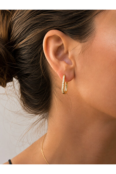 Glowisters Jewelry Glowisters Zirkon Taşlı Dikdörtgen Halka Küpe - Gold Klips...