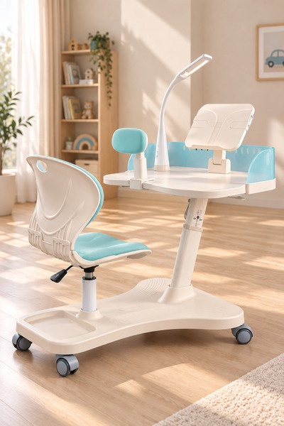 BEYZANA LED Masa Lambalı Çocuk Çalışma Masası ve Ergonomik Sandalye Seti Ayar...