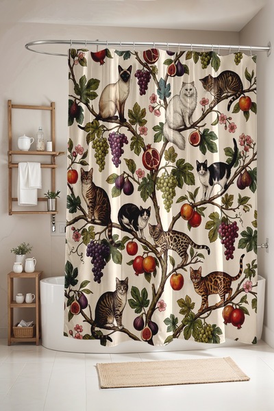 EVPANYA Cats on the Branch Patterned Bathroom Curtain, Shower Curtain, Bathtu...