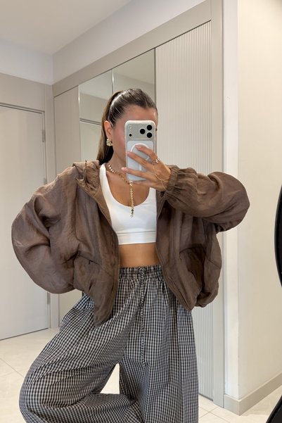 Gizem Ecemiş Margot Kahve Fermuarlı Kapüşonlu Yağmurluk