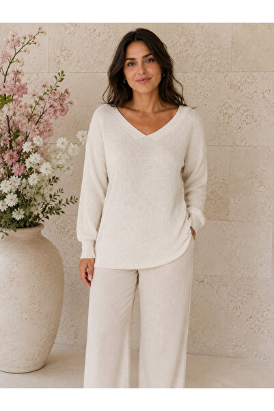 AGORATEKSTİL Women's V-Neck Long Sleeve Mercerized Blouse