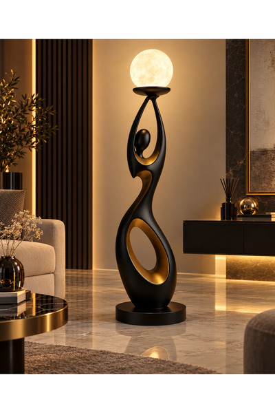 linova Modern Dekoratif Abajur – Soyut İnsan Figürlü Siyah & Gold Tasarım – Ş...