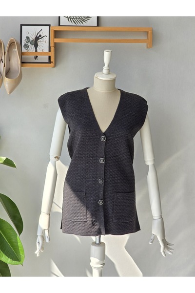 ENDAMIM Kisa Muska Patterned Vest with Pockets and Buttons, Large Size Vest