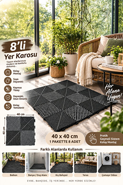 Porsima 0775 Antrasit Geçmeli Plastik Yer Karosu 8'li Set – Kaymaz Izgaralı B...