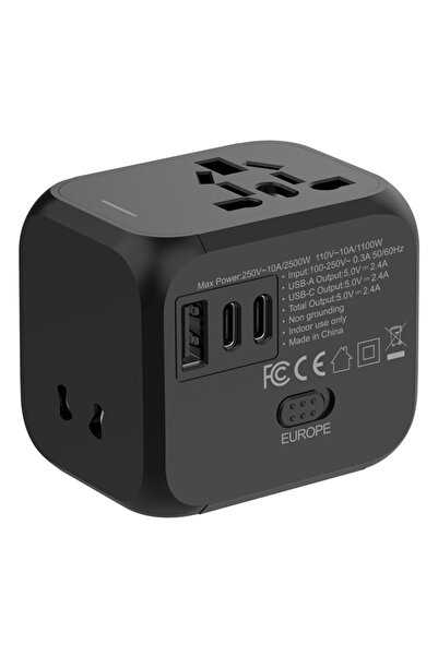 KLNAMAEAAN محول سفر عالمي متعدد الدول مع منفذ USB-A واحد ومنفذين USB-C، مخرج USB بقوة 2.4 أمبير، 110-250 فولت