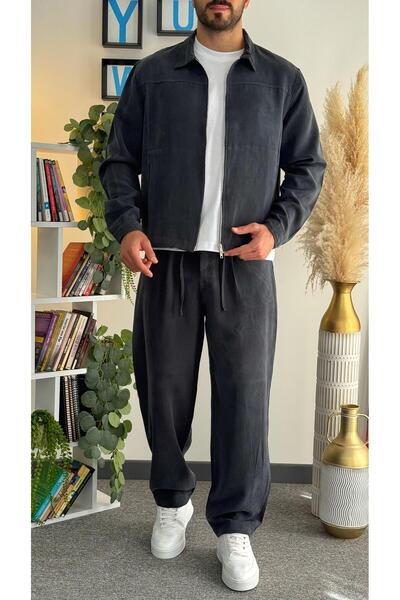 Tencel Dokulu Takım (Crop Tencel Ceket- Baggy Tensel Pantolon)
