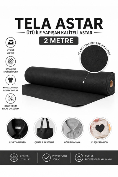 Dünya Sünger 2 Metre Siyah Tela Astar – Ütü ile Yapışan Kumaş Destekleyici Te...