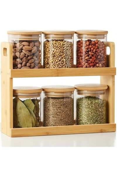 Generic 2-Tier Bamboo Spice Rack Organizer with 6 Airtight Glass Jars & Lids,...