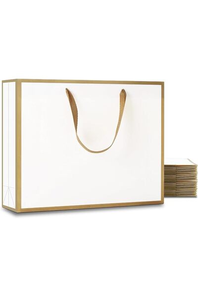 KASTWAVE White and Gold Gift Bag with Handles Bulk, 10 Pcs 32 * 11 * 25cm Whi...