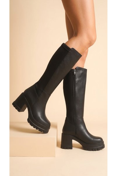 Moda Lime Women's Black Round Toe Mid-Heeled Long Boots with Stretch on the Back