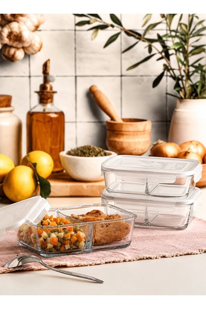 PLT Design Fresco Cam Bölmeli Saklama Kabı 3'lü Ekstra Büyük 1650 ml Dikdörtg...