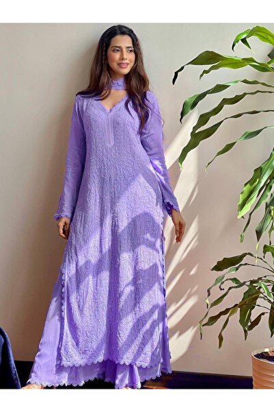 MYSMAR Lavander Faux Georgette Salwar Kameez & Dupatta Set - HRT5439 | Lavand...