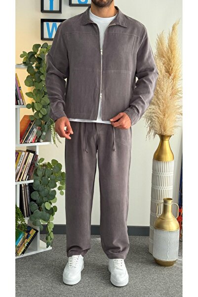 YUWEAR Tencel Dokulu Takım (Crop Tencel Ceket- Baggy Tensel Pantolon)