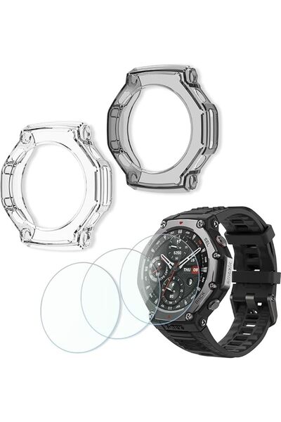 SYOSI For Amazfit T-Rex 3 Screen Protector and Case, 3 Pack Tempered Glass wi...