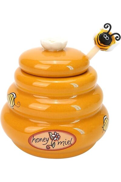 KASTWAVE Ceramic Honey Pot with Wooden Dipper, 5 Oz Small Bee Hive Jar with L...