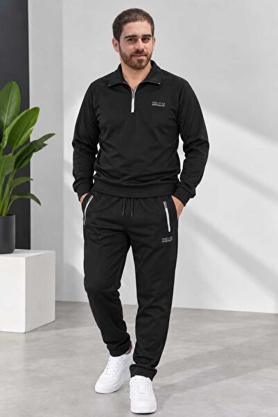 Uğur bebe Men's Black Tracksuit Set with Zipper Pockets, Stand-Up Collar, Com...
