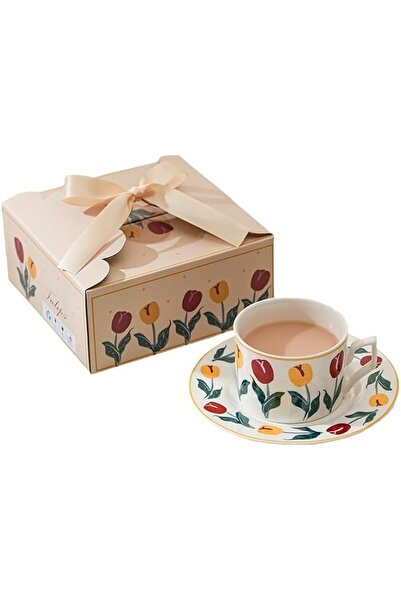 ABINO ABIN Floral Tea Cups and Saucers, 220ml with Flower Trim and Gift Box, ...