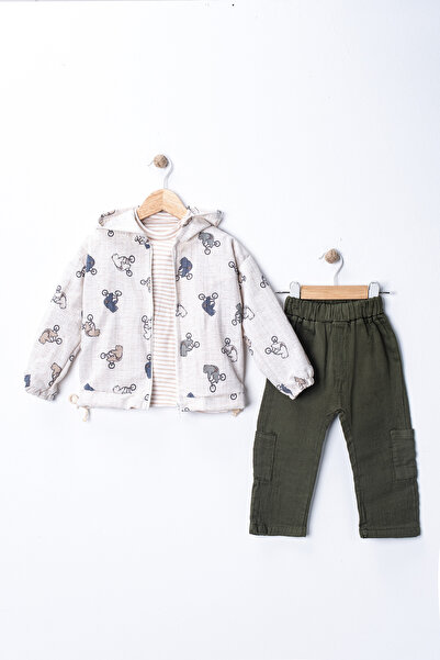 pio Baby Boy Cycling Pattern Hooded Muslin 3-Piece Set - Body, Cardigan, Pants