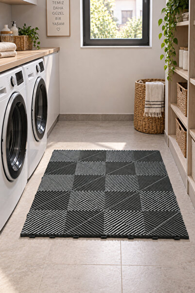 Porsima 0775 Antrasit Geçmeli Plastik Yer Karosu 4'lü Set – Kaymaz Izgaralı Balkon, Banyo & Teras Zemin Karo (40x40 cm)