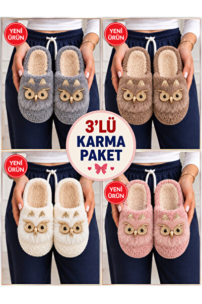 STOCON 3-Piece Plush Home Slippers with Cute Owl Figure and Stone Metal Detai...