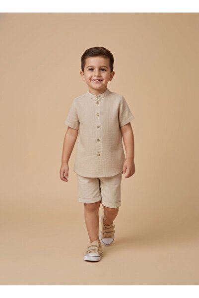 Top Kids Summer Boys' Casual Two-Piece Set Baby Chinese Collar Shirt and Shor...
