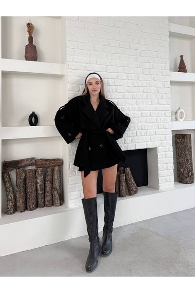 mega lucky Premium Black Color Oversized Short Cashmere Coat with Buttons and Belt Detail