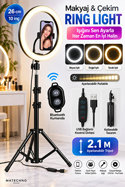 asua 3 Renk Led Ring Light Işık 26 cm 10 İnç Bluetooth Kumandalı 2.1 MT Ayarl...