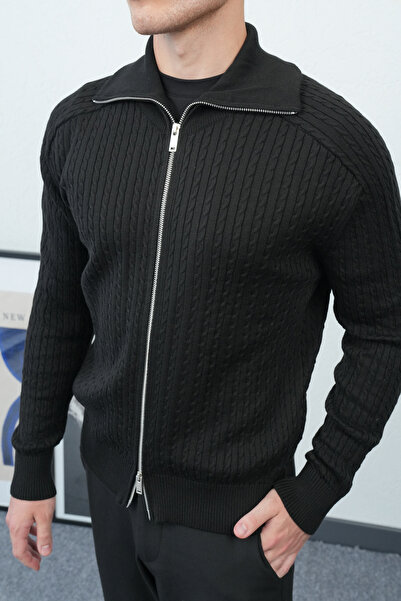 İLKCET MODA Hair Braid Black Wide Collar Double Zipper Premium Cardigan
