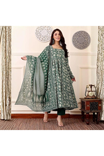 MYSMAR Green Viscose Rayon Kameez Salwar & Dupatta - VRN1009-Green-Size:2XL-4...