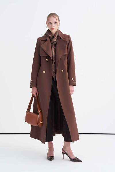 Zühre Chain Accessory Detailed Belted Brown Trench Coat 13560