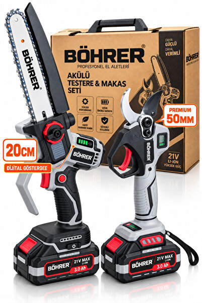BÖHRER Akülü Dal Budama Seti 20 CM Zincirli Testere + 50 mm Budama Makası Dij...